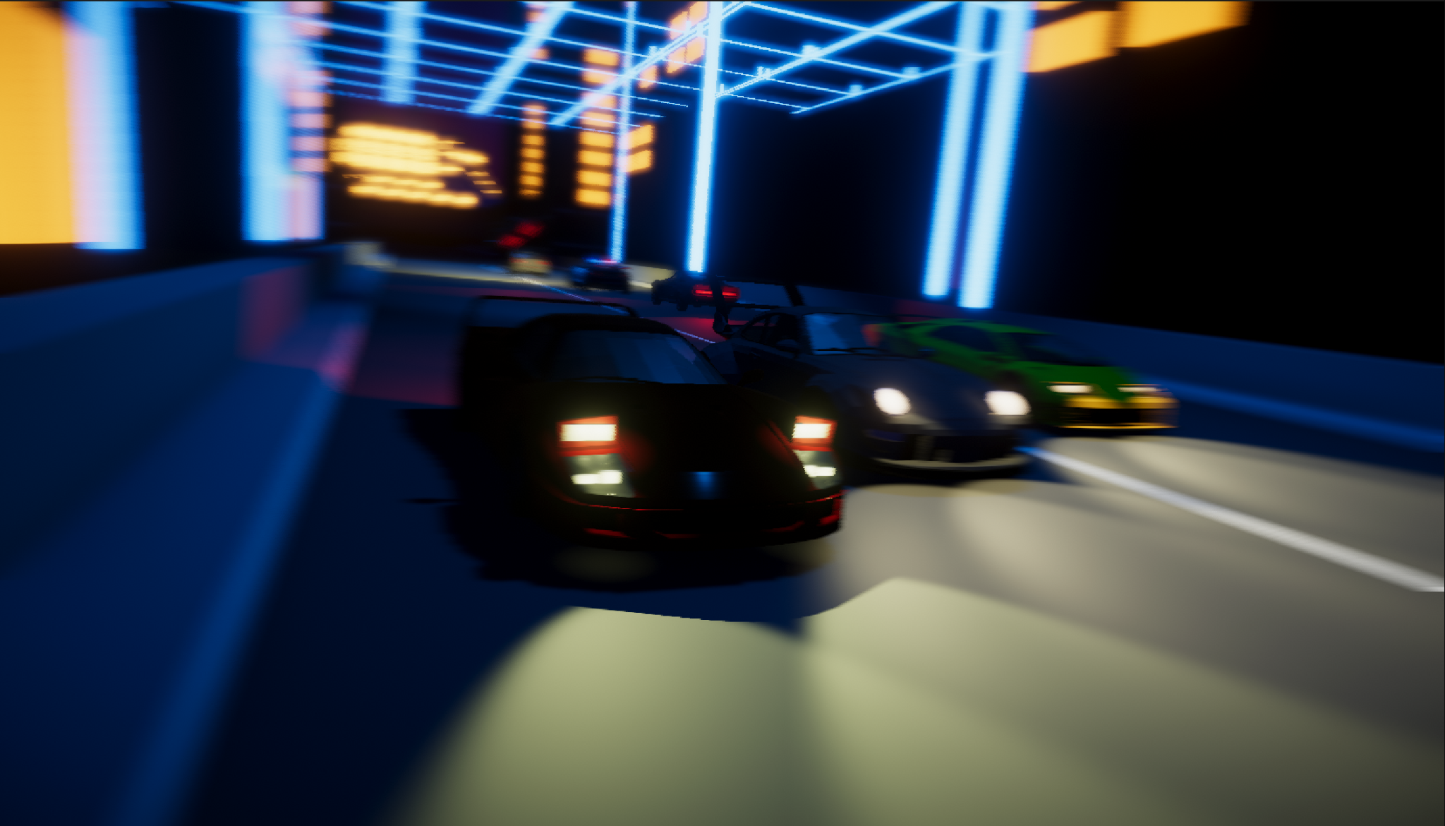 Vehicles driving through the neon-lit city environment in Open Lot: After Hours